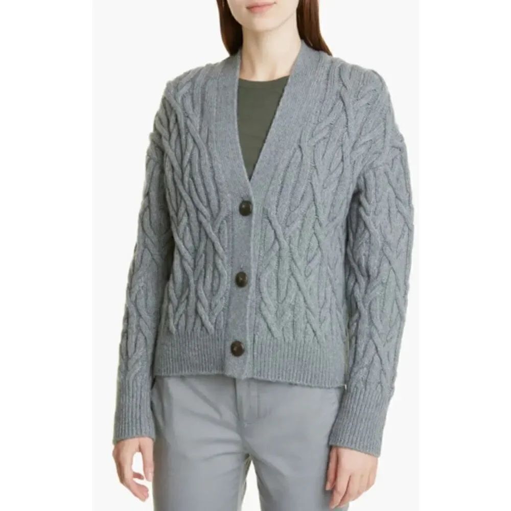 Vince Interlocking Cable Wool-Cashmere-Blend Cardigan in Grey NWT Size XL